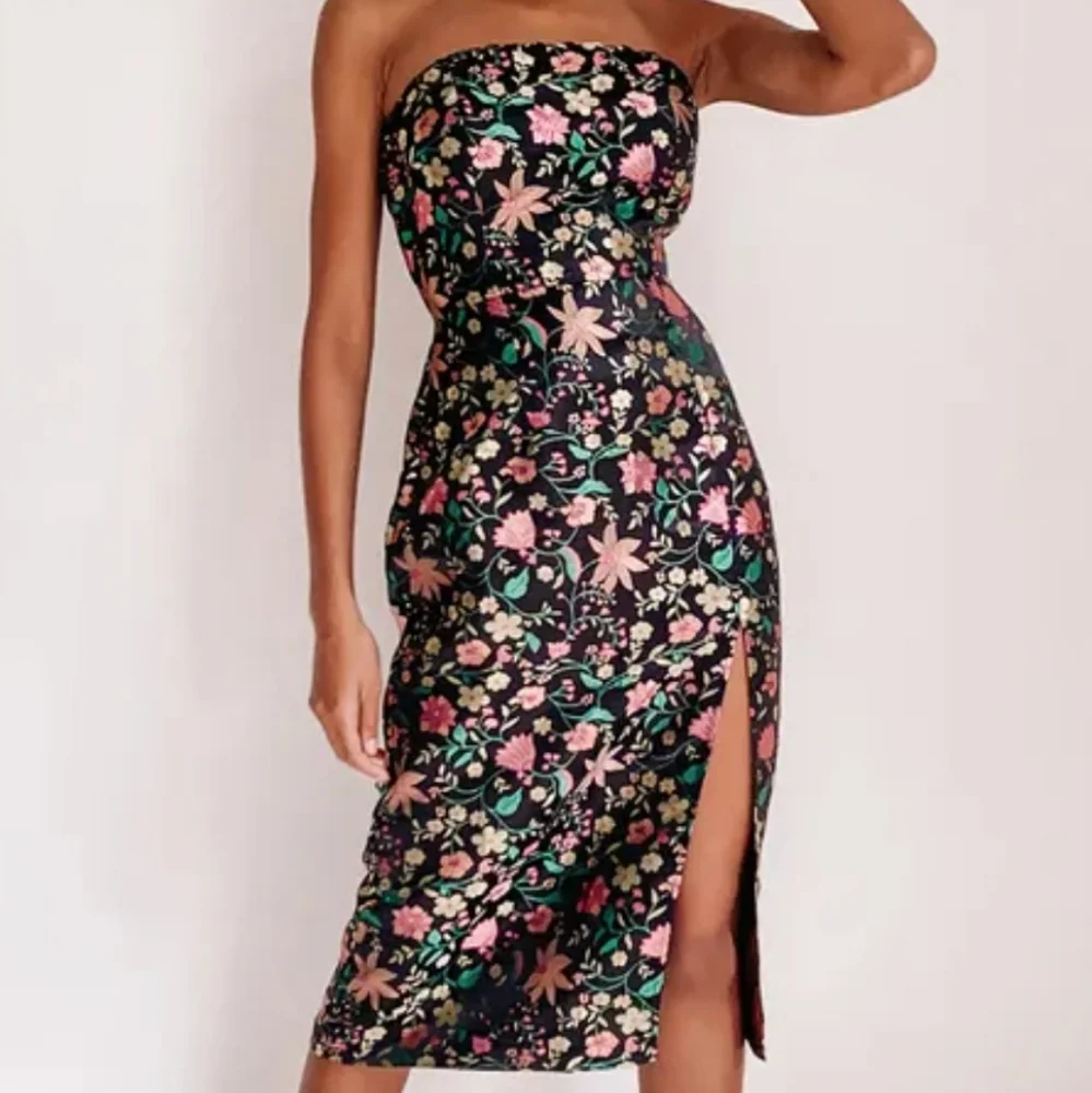 Lulus Make a Move Black Satin Floral Jacquard Strapless Midi Dress NWT Medium - Picture 6 of 8